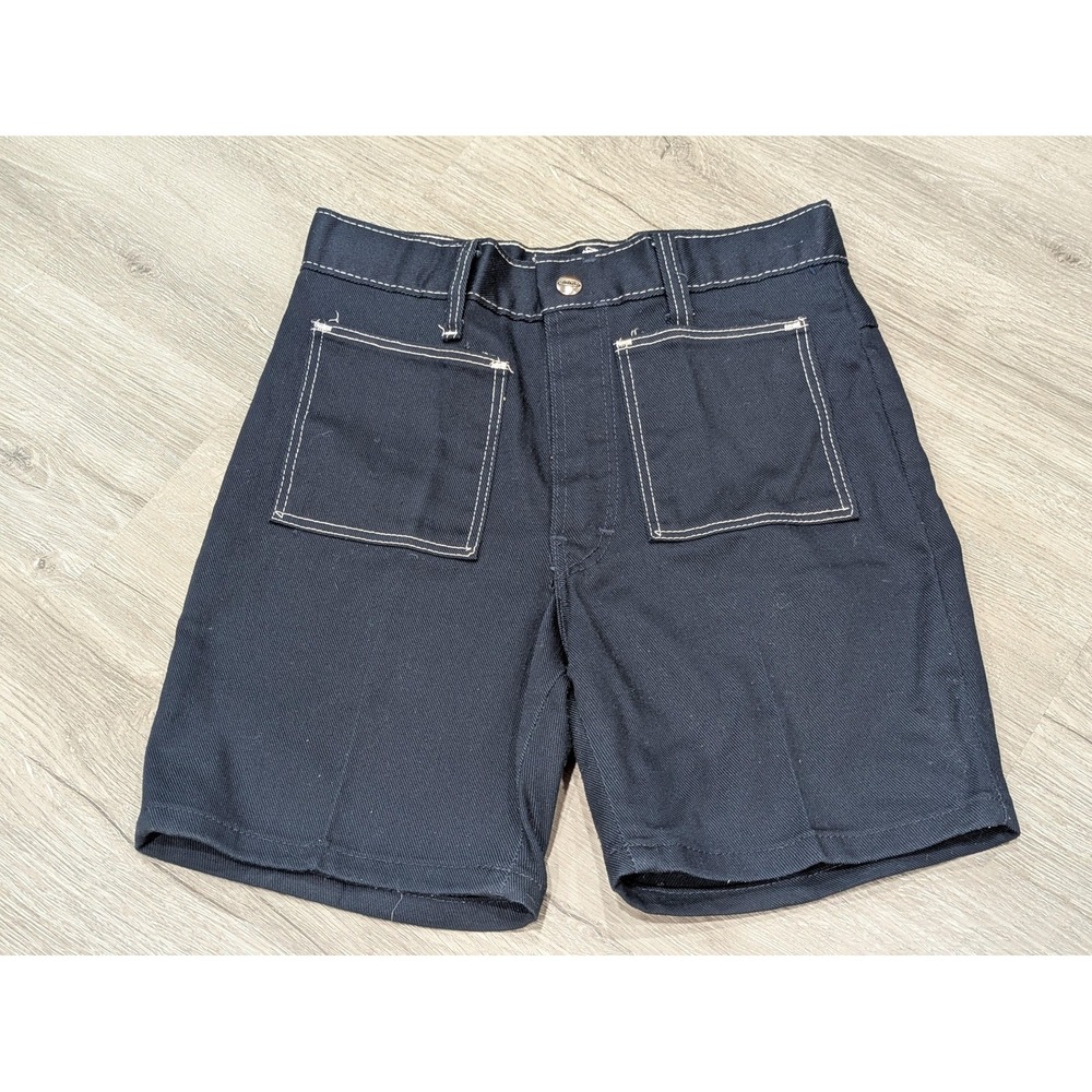 Vintage MANN Shorts Mens XS Blue Workwear Patch Pockets 6 Inseam Chino 1970's